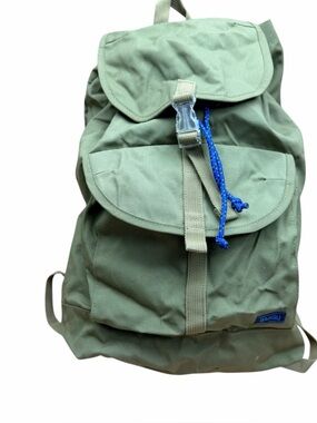 BAGGU Olive Green Canvas Backpack with Blue Drawcord